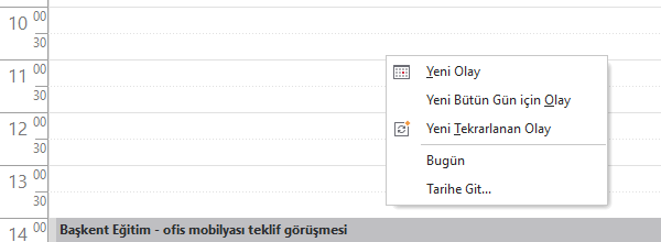 Boş alanın sağ tık menüsü
