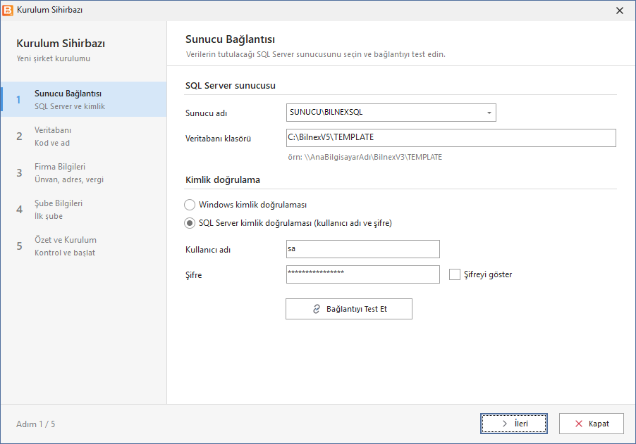 1. adım: SQL Server sunucusu ve kimlik doğrulama